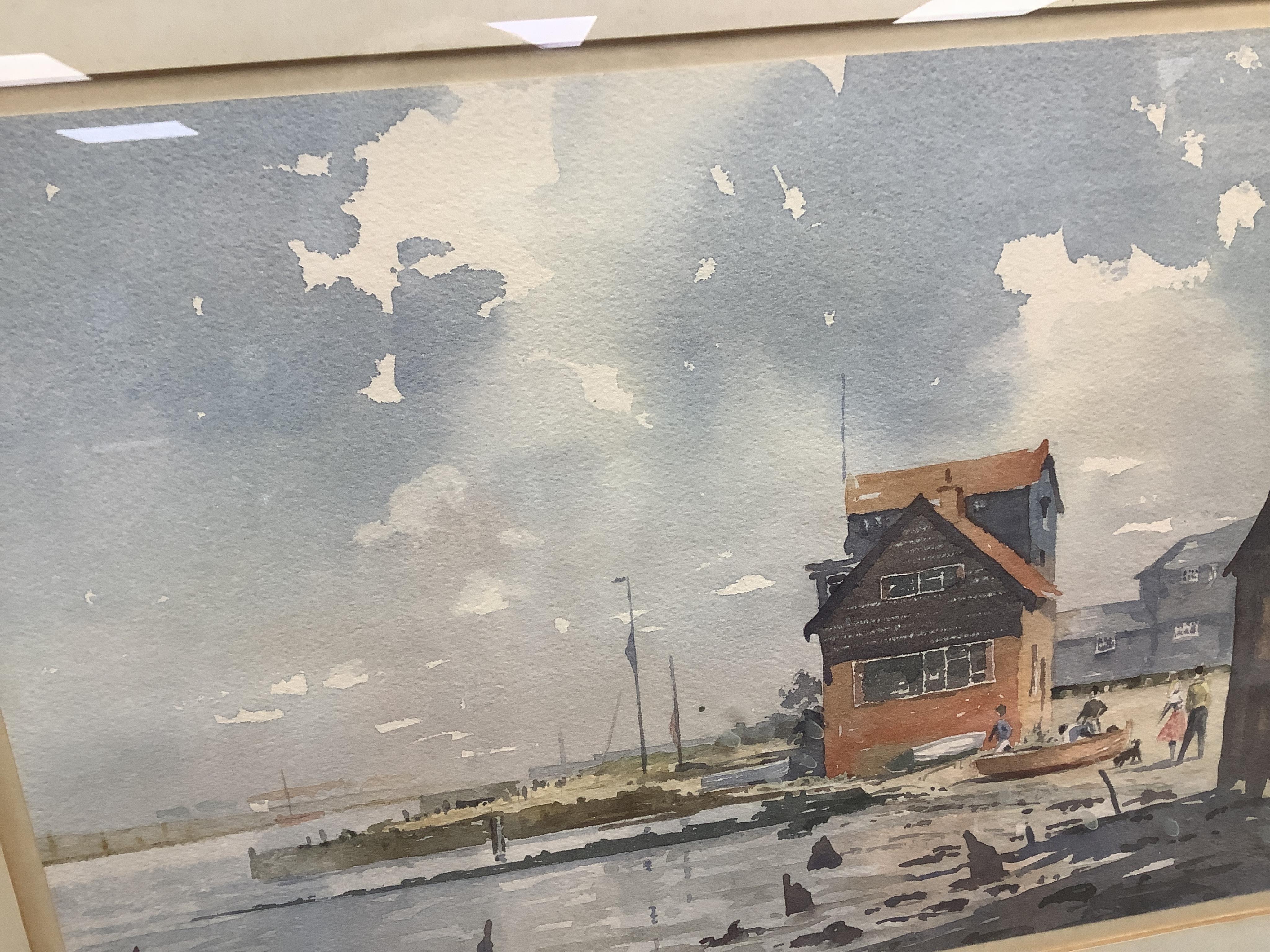 Claude Murrills (1915-2006), Croydon market scene, oil on board and coastal scene, watercolour, former 44x29cm